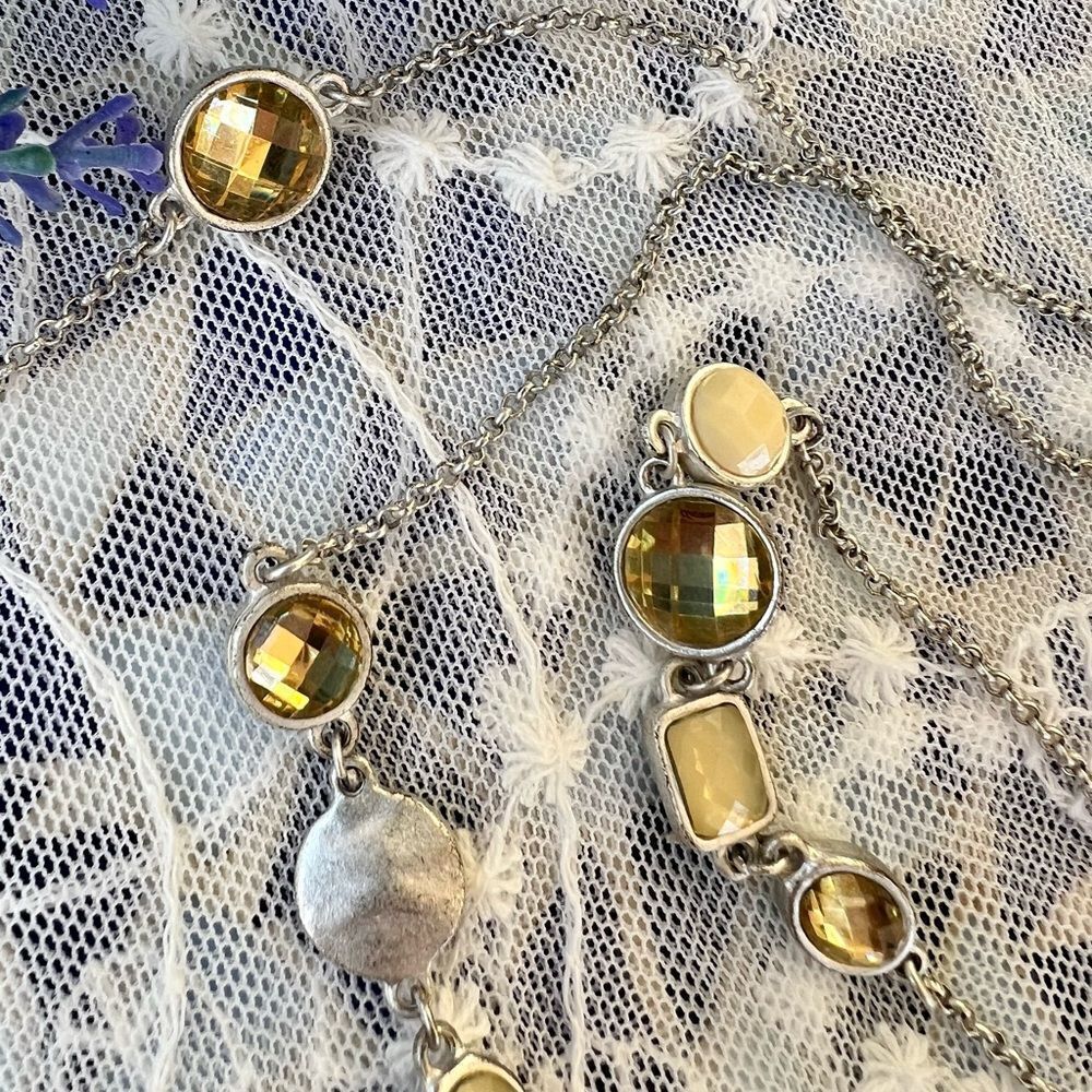 Matte Silver Cream Gold & Rhinestone Long Necklace 36” - Picture 3 of 7